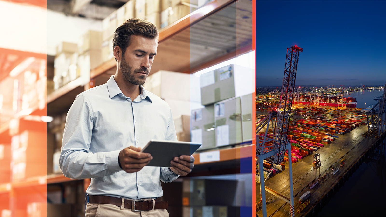 Man using a tablet in a warehouse with boxes on shelves, alongside a view of a busy port with colourful shipping containers at night