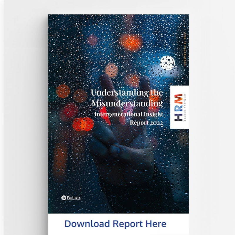 Image of a hand immersed in raindrops on the cover of the HRM Intergenerational Insights Report
