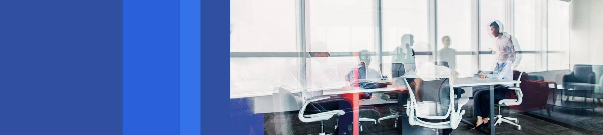 A split-screen banner showing a deep blue area on the left and a bright conference space on the right, where multiple people are seated and standing in discussion